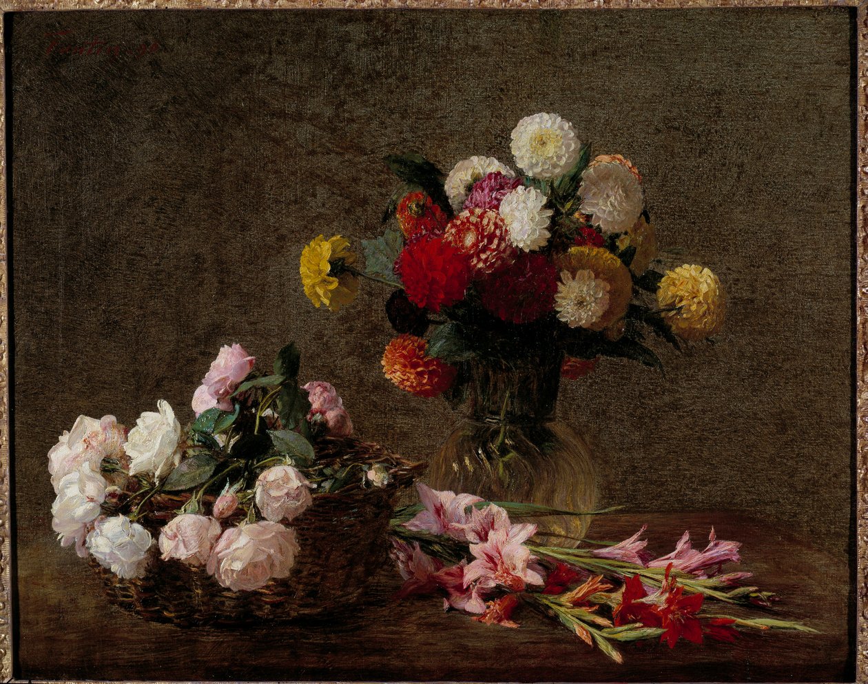 Dahlien und Rosen in einem Korb von Ignace Henri Jean Fantin Latour