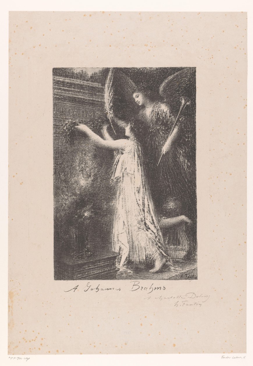 Engel und Personifikation des Ruhms bringen einen Ehrenkranz bei der Grabstätte von Johannes Brahms von Ignace Henri Jean Fantin Latour