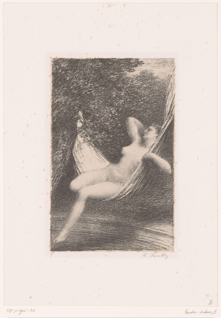 Sara schaukelt nackt in einer Hängematte über dem Wasser von Ignace Henri Jean Fantin Latour