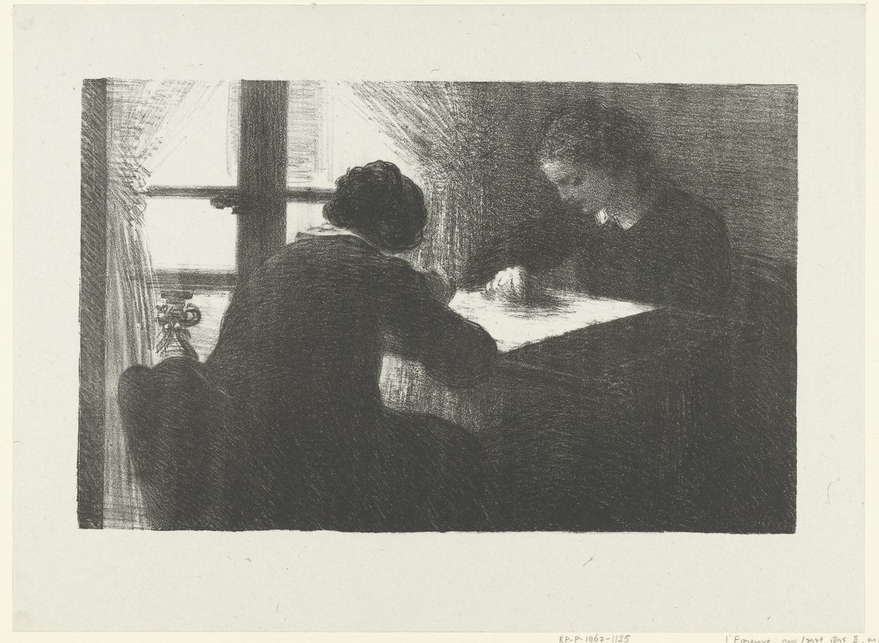 Zwei Frauen sticken am Tisch bei einem Fenster im Innenraum von Ignace Henri Jean Fantin Latour