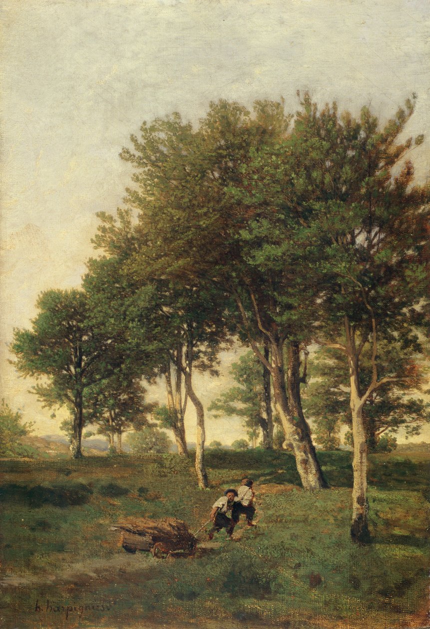 Landschaft mit zwei Jungen, die Brennholz tragen, 1894 von Henri Joseph Harpignies