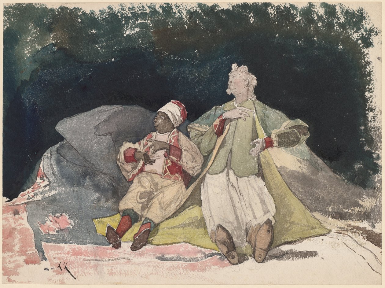 Zwei Puppen oder Marionetten, die auf Kissen sitzen von Henri Joseph Harpignies