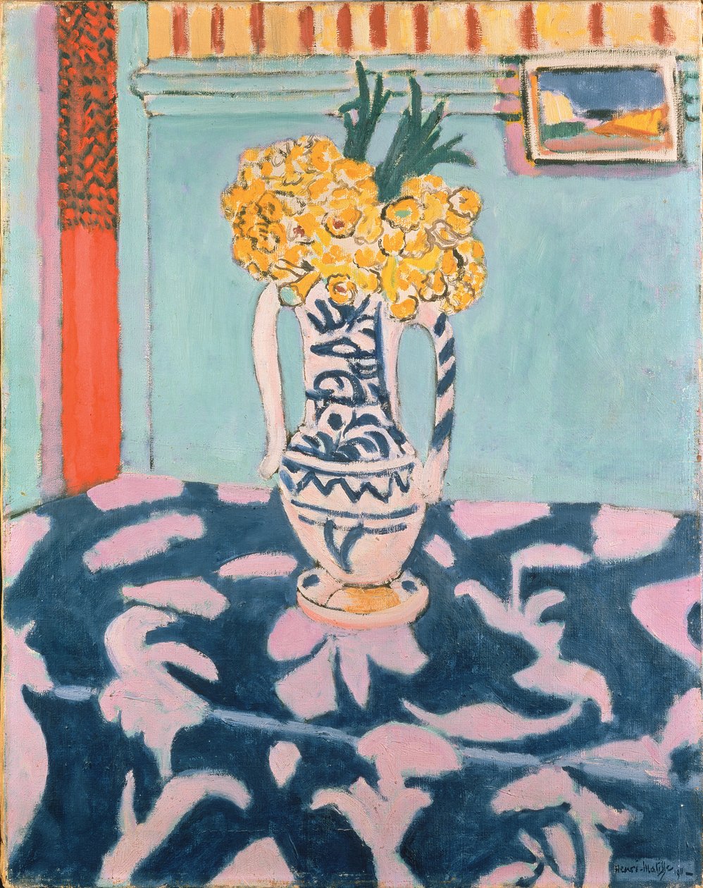 Schlüsselblumen auf blauem und rosa Stoff von Henri Matisse