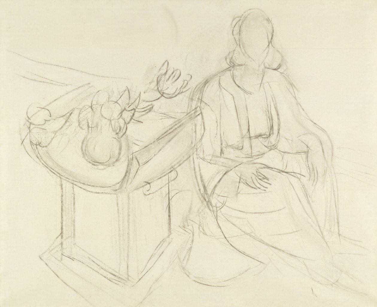 Sitzende Frau - Stillleben mit Blumen auf einem Tisch von Henri Matisse