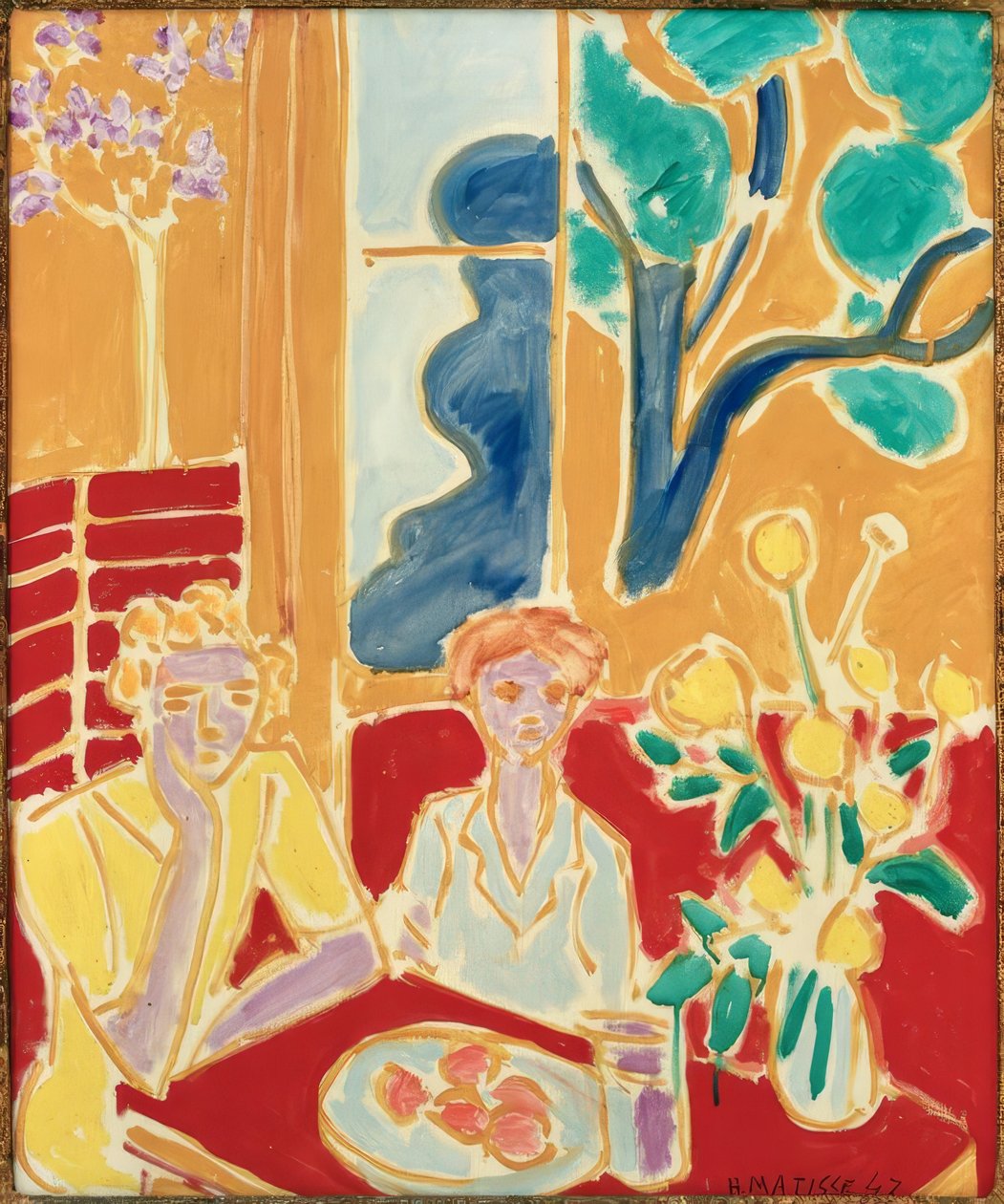 Zwei junge Mädchen auf gelbem und rotem Hintergrund von Henri Matisse
