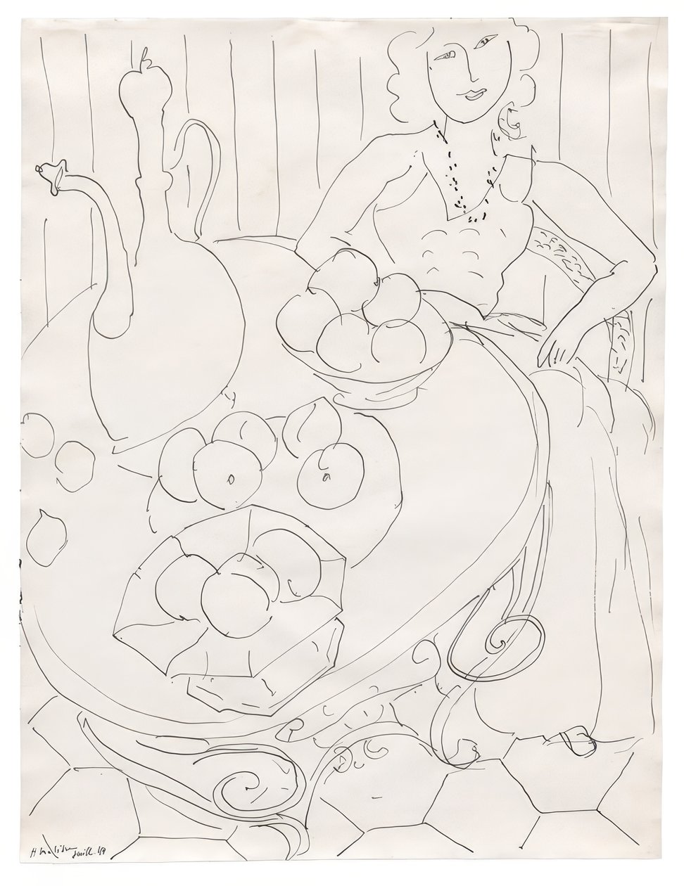 Frau sitzt an einem Tisch mit Obst und Krug von Henri Matisse