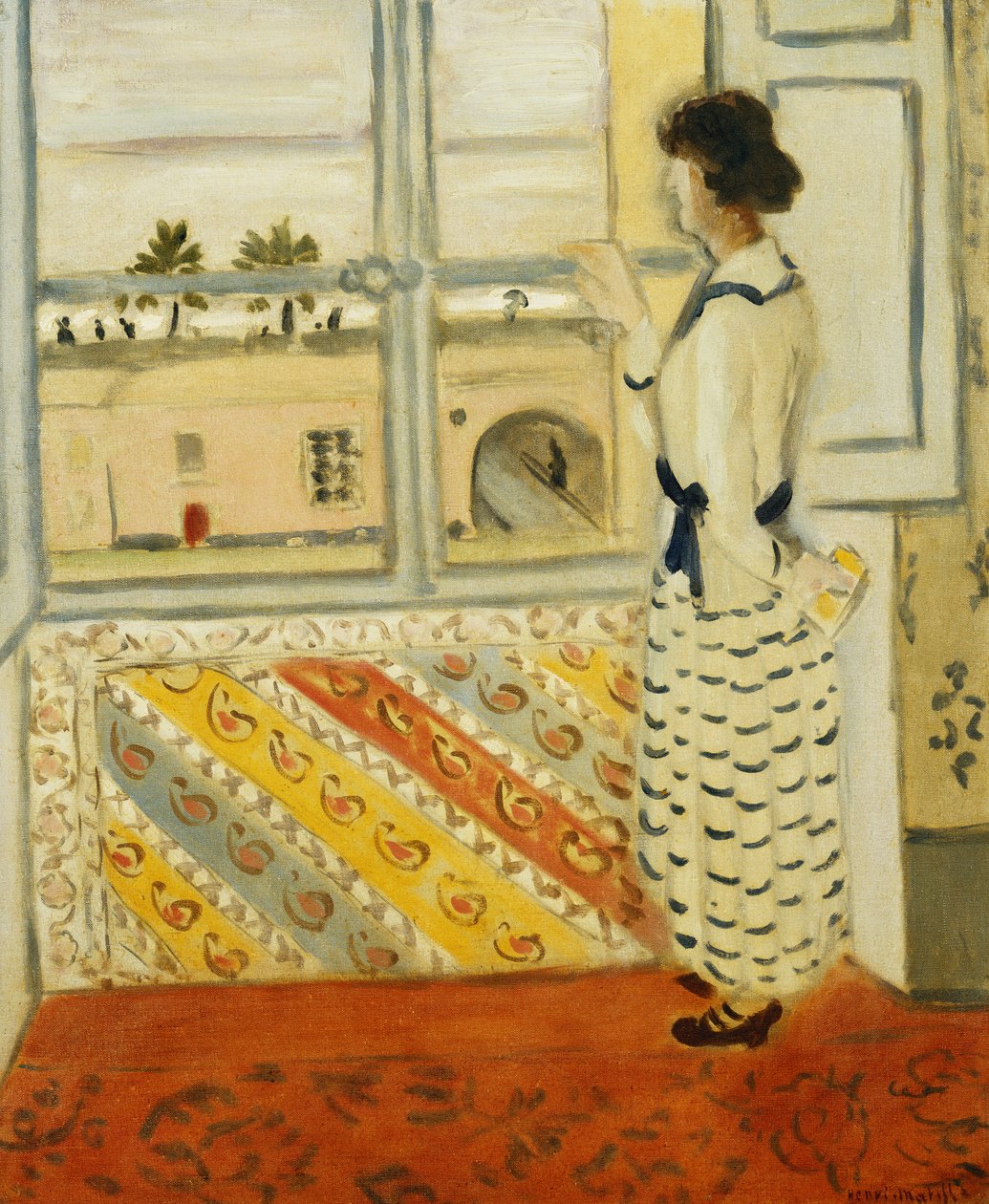 Junge Frau am Fenster, blau gestreiftes Kleid von Henri Matisse