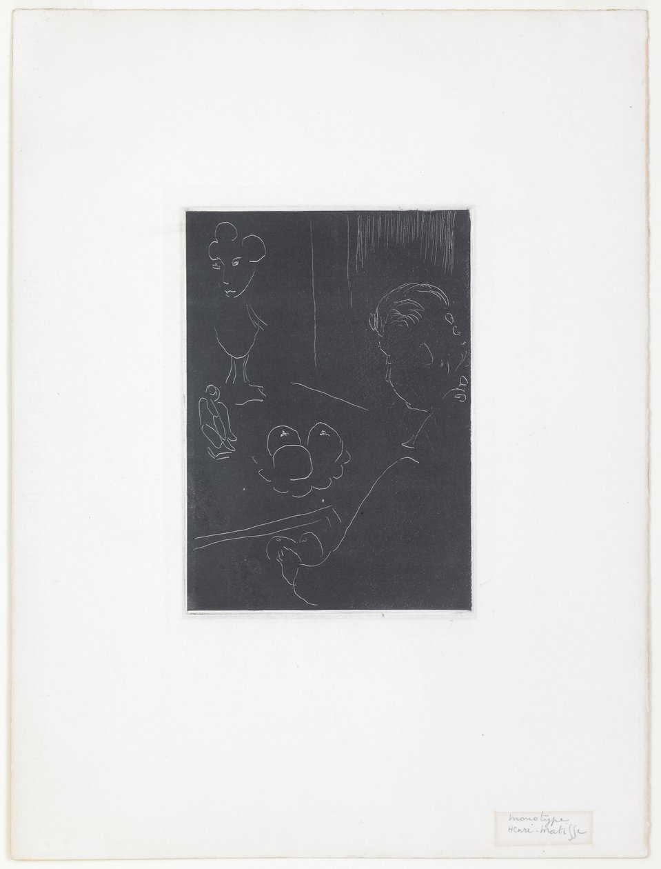 Junge Frau in einem Innenraum mit Früchten und Skulpturen von Henri Matisse