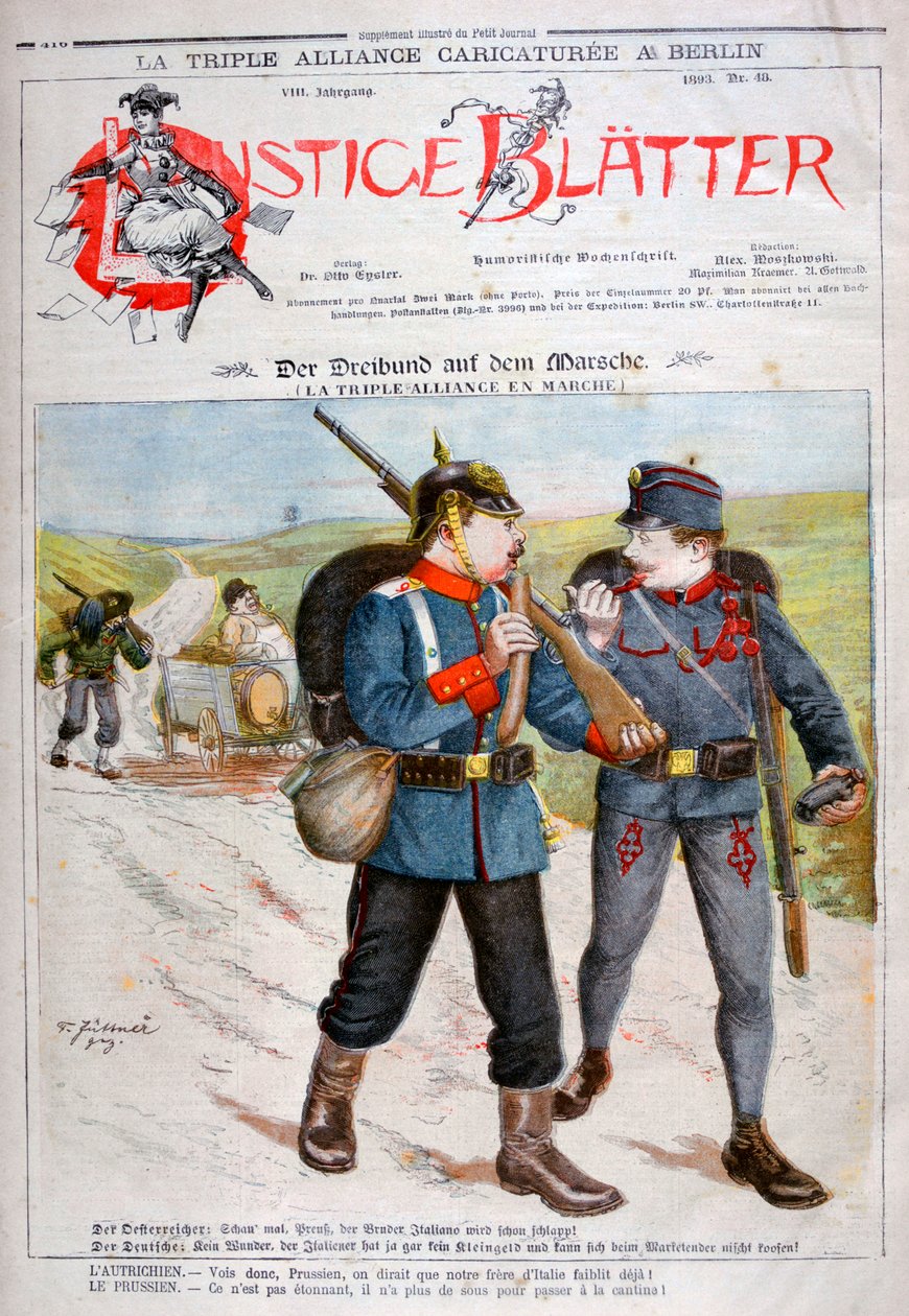 Eine Karikatur der Dreierallianz in der Zeitschrift Lustige Blätter, 1893 von Henri Meyer
