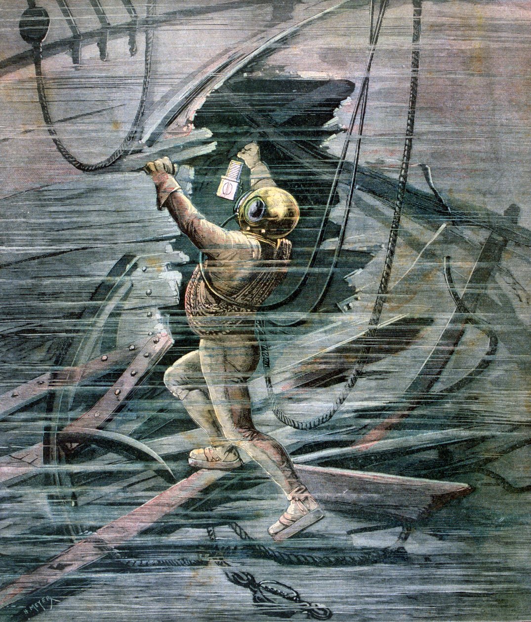 Ein Taucher sucht ein Wrack im Hafen von Le Havre, Frankreich, 1892 von Henri Meyer
