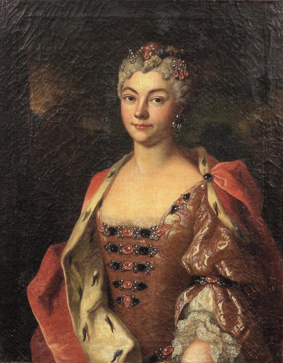 Porträt einer Adligen, Halbfigur, in einem rosa Kleid und einem Hermelin-umrandeten Mantel von Henri Millot