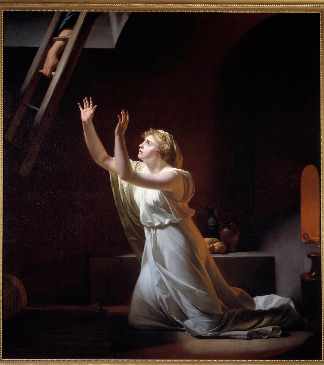 Die Folter einer Vestalin. Eine Vestalin, eine römische Priesterin, die zur Keuschheit verpflichtet ist, wird lebendig in einen Keller gebracht für ihr Vergehen. Gemälde von Henri Pierre Danloux (1753-1809) 1790 von Henri Pierre Danloux