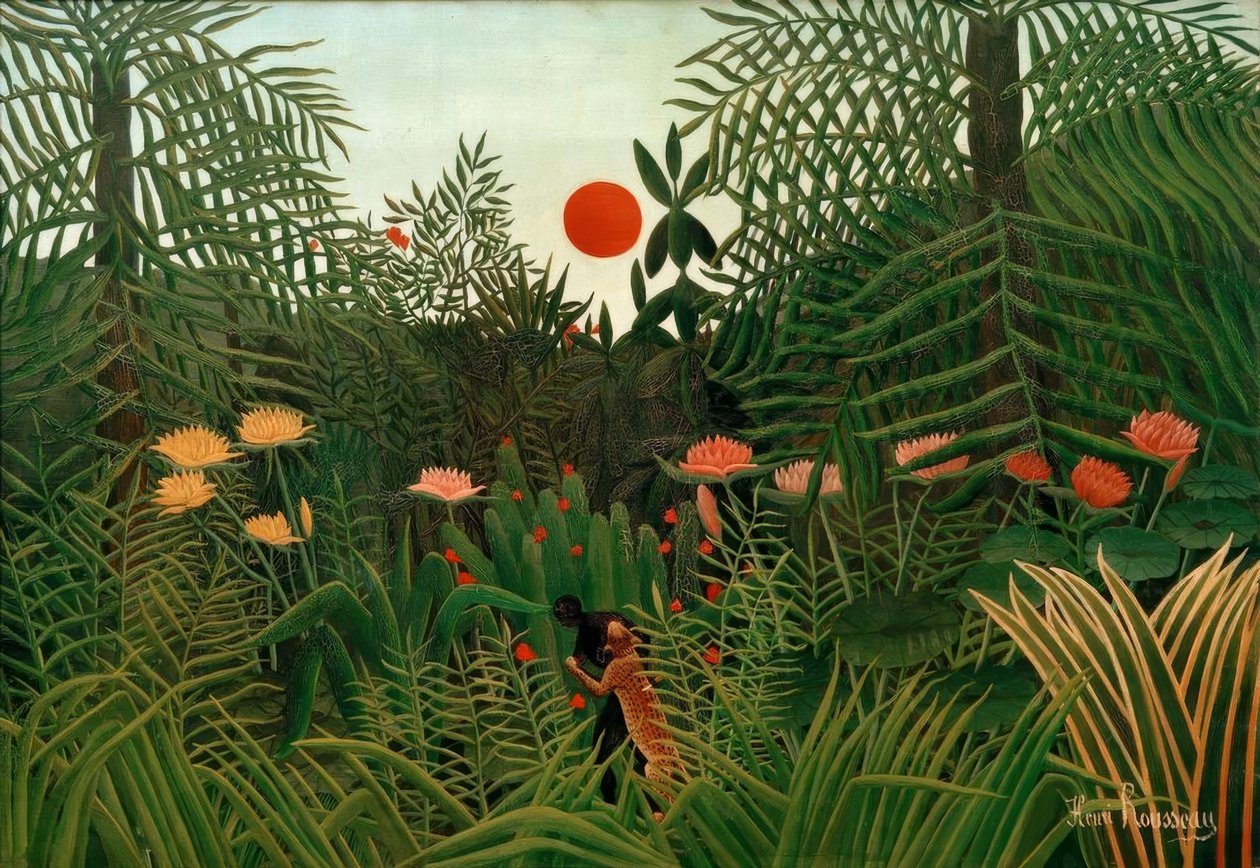 Urwald im Sonnenuntergang. Schwarzer von einem Leoparden angegriffen von Henri Rousseau