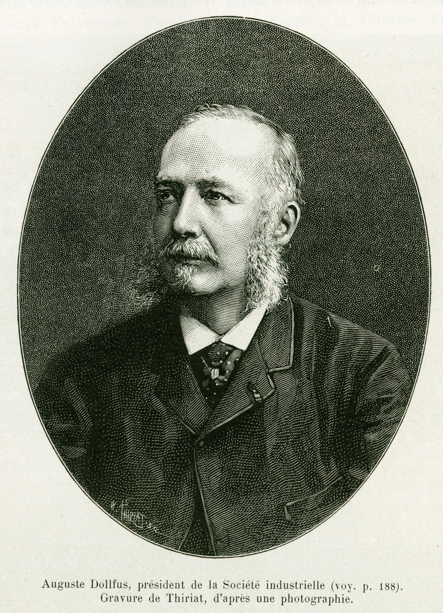 Auguste Dollfus, Präsident der Industriellen Gesellschaft Dollfus-Mieg. Gravur von Thiriat zur Illustration der Geschichte „Durch Elsass und Lothringen“, von Charles Grad, deutscher Abgeordneter, 1885, in Le Tour du monde 1886, unter der Leitung von Edouar von Henri Thiriat