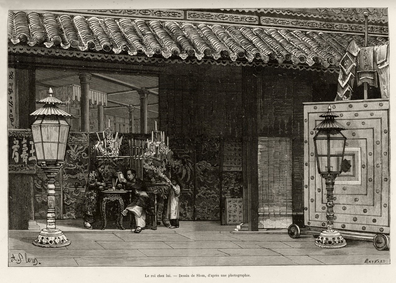 König Dong Khanh (1864-1889), Kaiser von Annam, zu Hause in der Kaiserstadt Hue (Vietnam). Gravur von Thiriat zur Illustration der Geschichte „Trente mois au Tonkin“ von Dr. Charles Edouard Hocquard (1853-1911), 1885, in Le tour du monde, nouveau journal d von Henri Thiriat