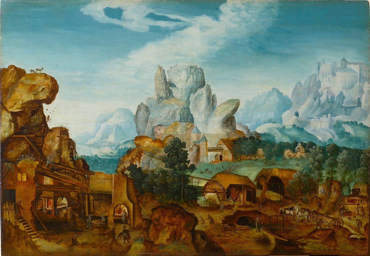 Felsige Landschaft mit einer Schmiede Die Flucht nach Ägypten, vor 1550 von Henri de Herri met de Bles