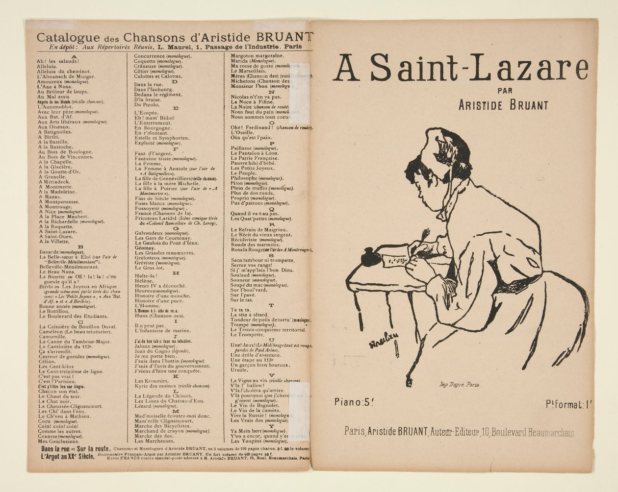 A Saint-Lazare, Worte und Musik von Aristide Bruant, Titelblatt für Noten von Henri de Toulouse Lautrec