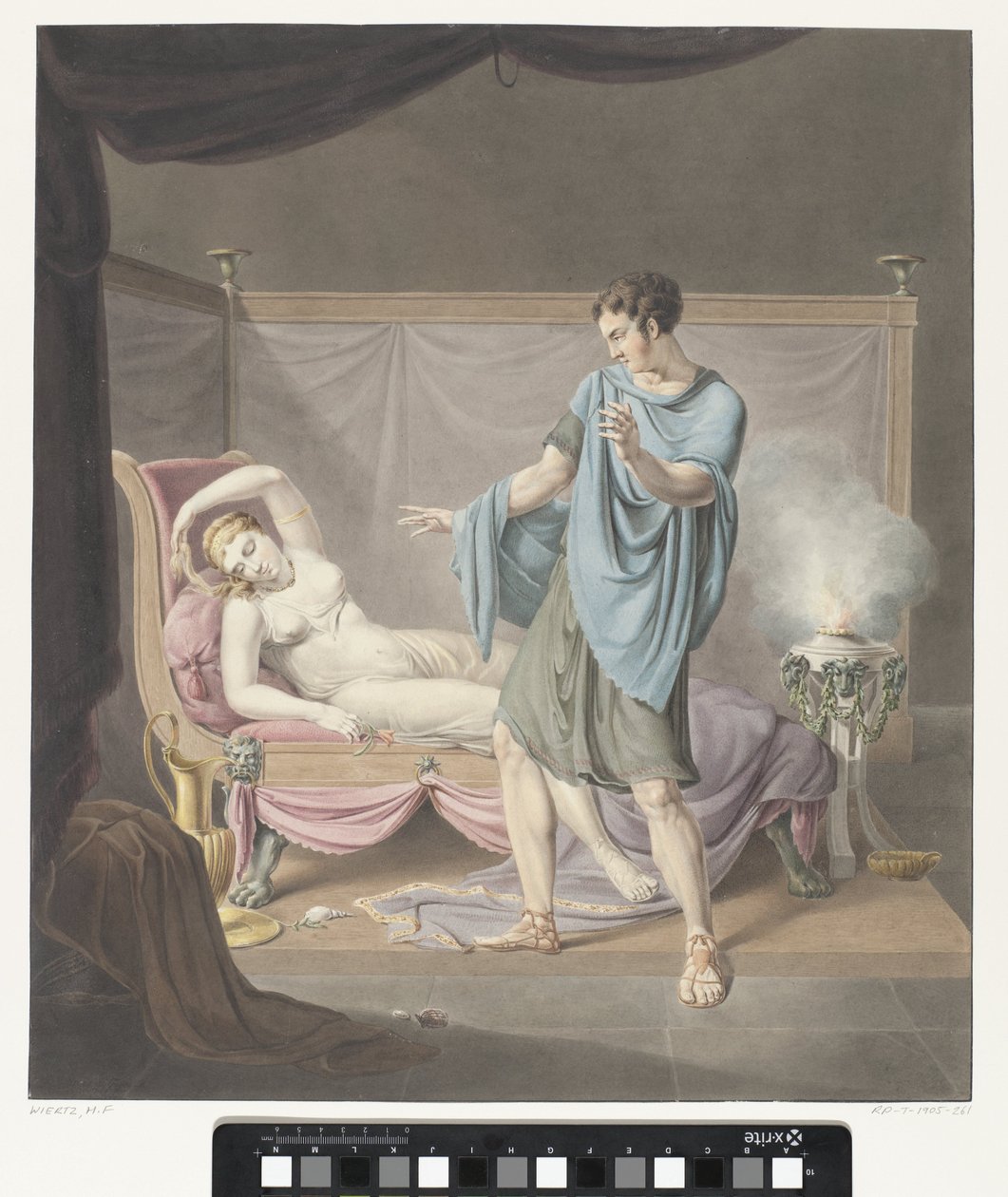 Klassische Darstellung mit stehendem Mann bei Frau auf Liegebett von Henricus Franciscus Wiertz