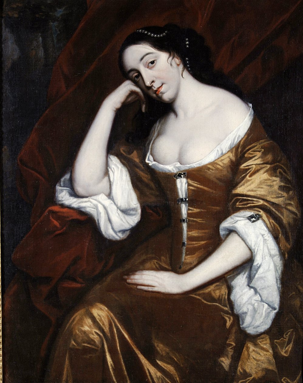 Porträt einer Dame, die ein goldenes Kleid mit roten Roben trägt von Henry Anderton