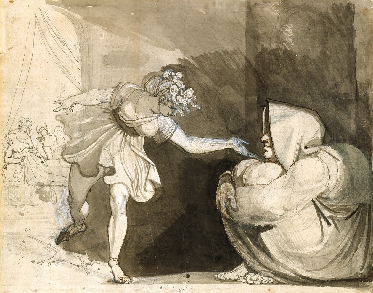 Galinthias überlistet Eileithyia durch die Ankündigung der Geburt des Herakles (Verso: Porträt von Mrs. Fuseli) von Henry (1741 1825) Fuseli