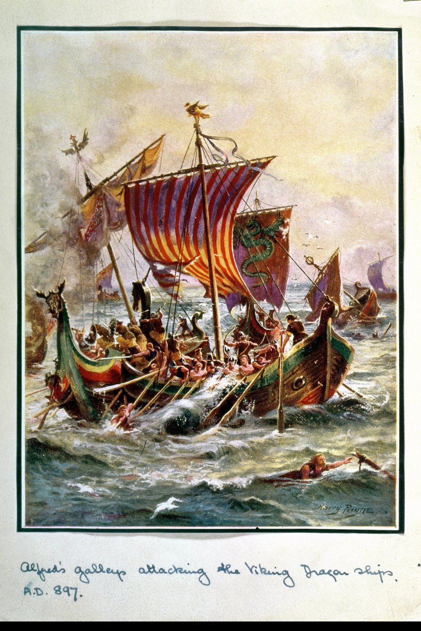 Alfreds Galeeren greifen die Wikingerdrachenschiffe an, 897 n. Chr., Illustration aus 