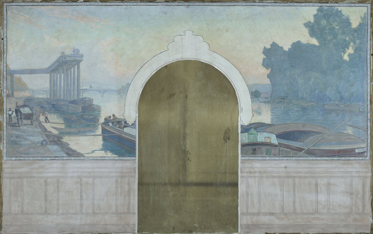 Skizze für den Trausaal des Rathauses von Asnières: Landschaft. Lastkähne auf der Seine, mit der Brücke von Asnières, um 1900 von Henry Bouvet