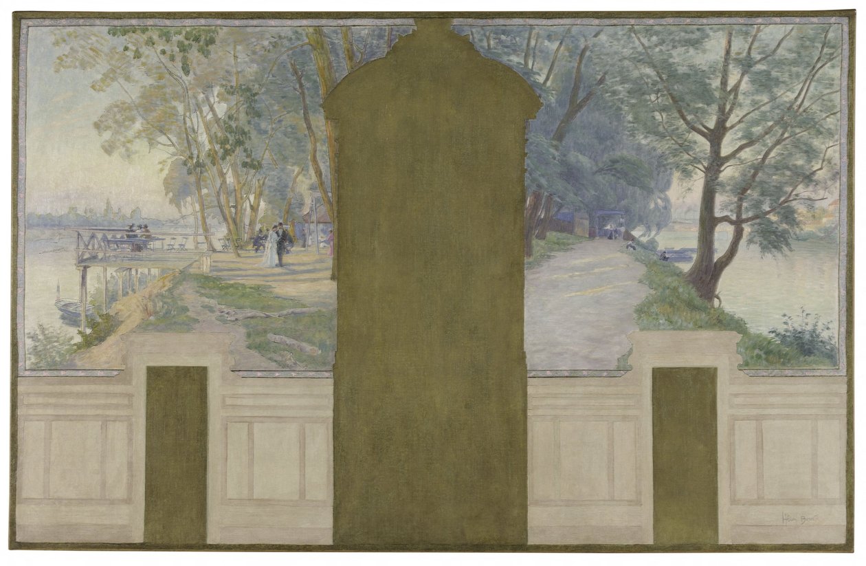 Skizze für den Hochzeitssaal des Rathauses von Asnières: Landschaften. Die Seine mit den Brücken von Saint-Ouen und Courbevoie, ca. 1900 von Henry Bouvet