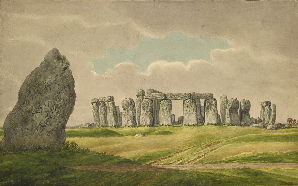 Stonehenge von Nordosten, zeigt Ruinen und Fersenstein mit Wagen, Pferd, Person, 1824-1839 von Henry Browne