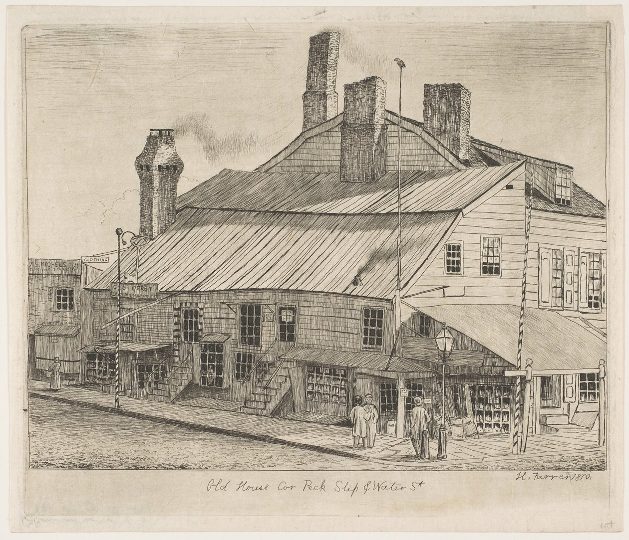 Altes Haus, Ecke Peck Slip und Water Street aus Szenen des alten New York, 1870 von Henry Farrer