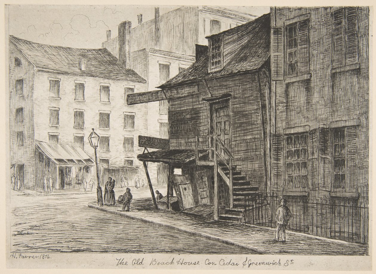 Das alte Strandhaus, Ecke Cedar und Greenwich Streets, aus "Szenen des alten New York" von Henry Farrer