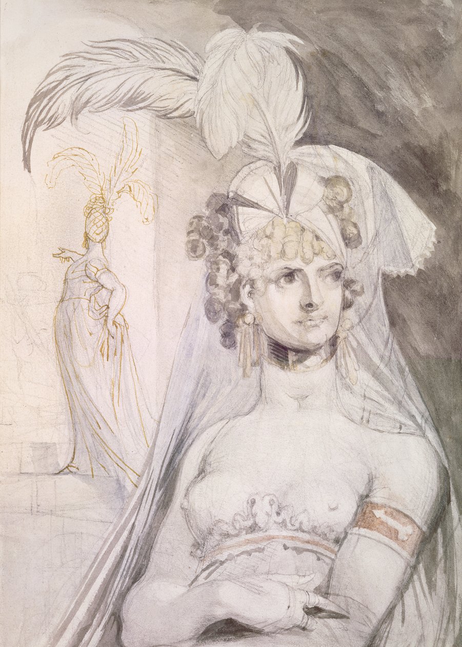 Halbfigur einer Kurtisane mit Federn, einer Schleife und einem Schleier im Haar, 1800-10 von Johann Heinrich Füssli