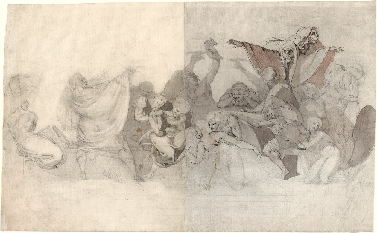 Triumph des Todes: Drei Skelette, die ein Bacchanal unter der Leitung eines Magiers oder eines bösen Dämons überfallen von Johann Heinrich Füssli