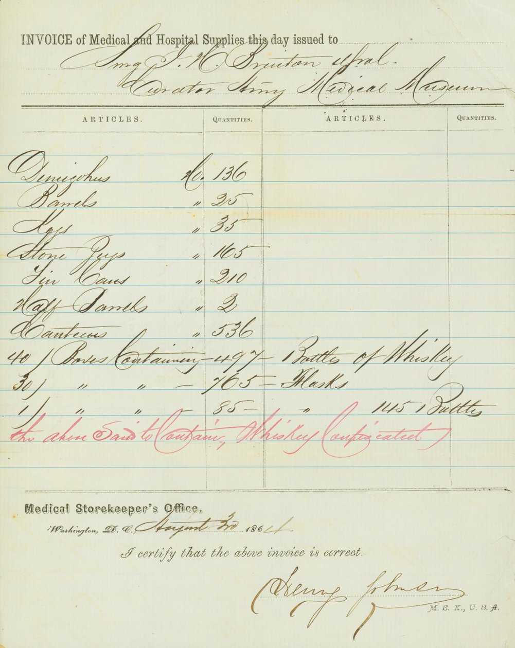 Rechnung für medizinische und Krankenhausvorräte, unterzeichnet von Henry Johnson, 30. August 1864 von Henry Johnson