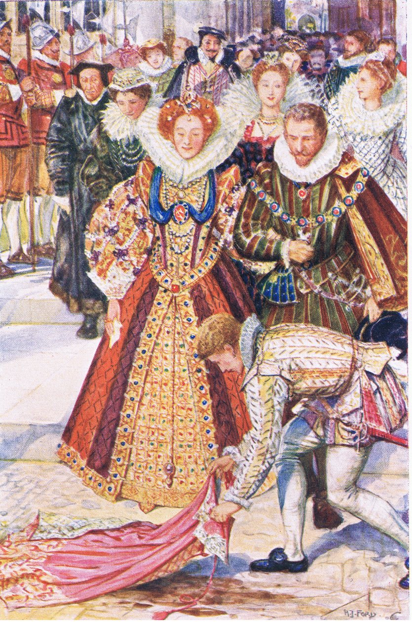 Walter Raleigh opfert seinen Mantel für Königin Elizabeth, Illustration aus Kenilworth, ca. 1910 von Henry Justice Ford