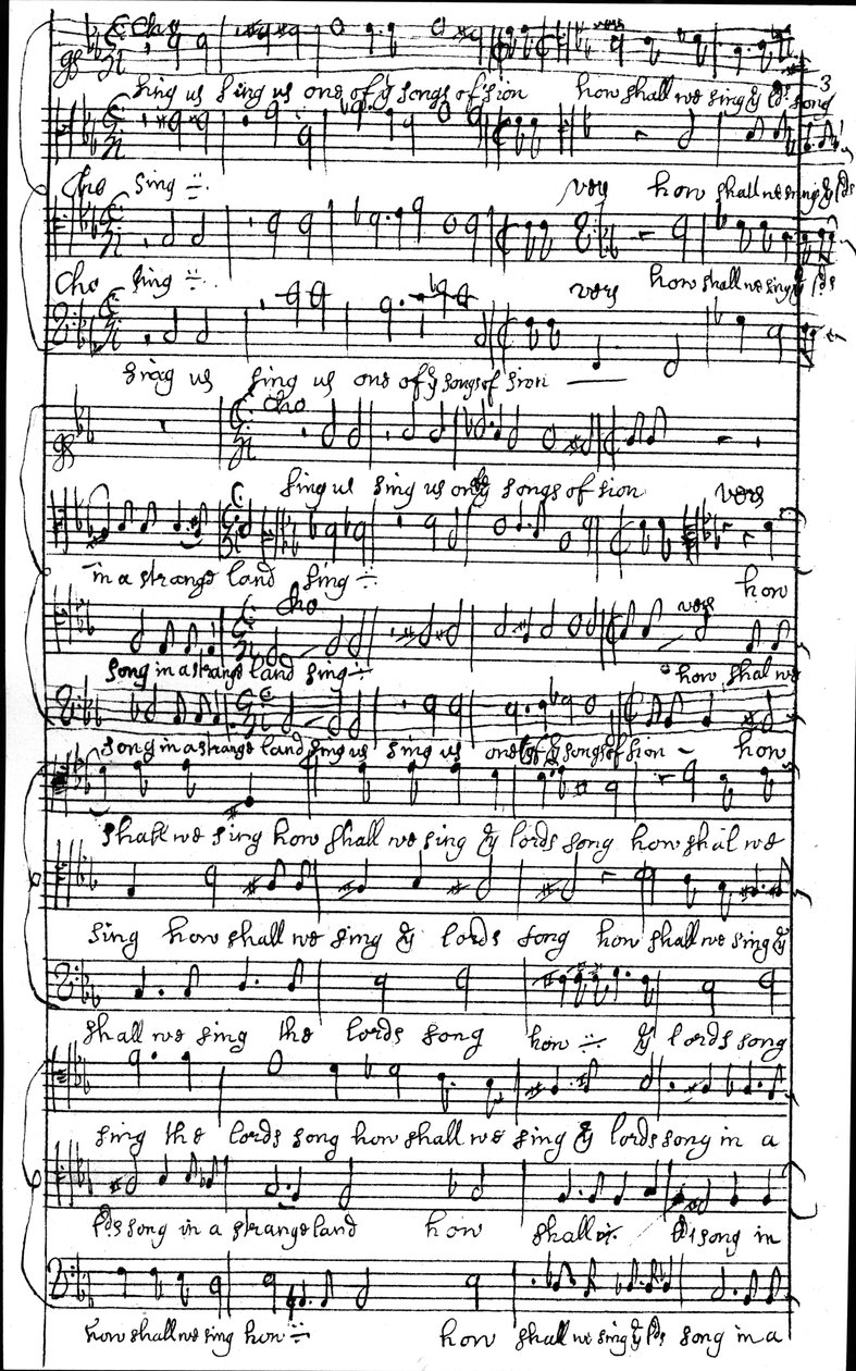 Autographes Manuskript der Partitur für Psalm 137 Wie sollen wir das Lied des Herrn in einem fremden Land singen, vor 1683 von Henry Purcell