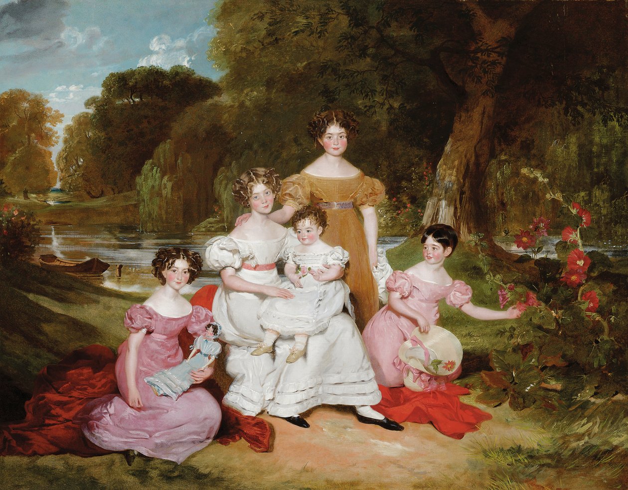 Gruppenporträt der Familie Ward Hunt in einer Landschaft vor einem Fluss von Henry Wyatt