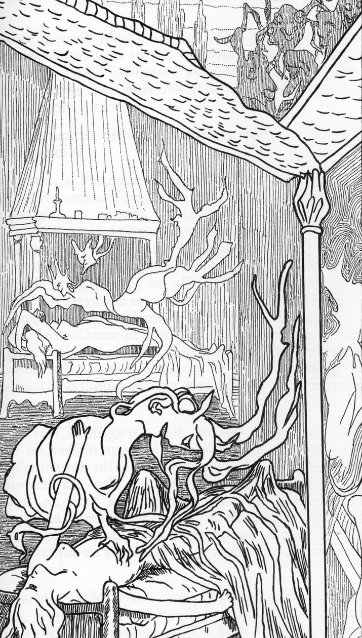 Incubes (durch Lust gefallene Engel, die zu Dämonen werden und versuchen, Frauen zu genießen, wenn sie träumen oder schlafen) und Succubes (weibliche Dämonen, die Männer im Schlaf genießen). Zeichnung von Henry de Malvost aus „Satanismus und Magie“ von Jul von Henry de Malvost