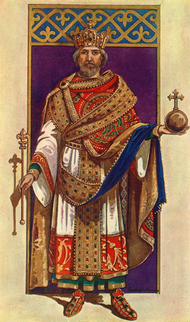 Der Kaiser Karl der Große in voller Staatskleidung, 800 n. Chr., 1924 von Herbert Norris