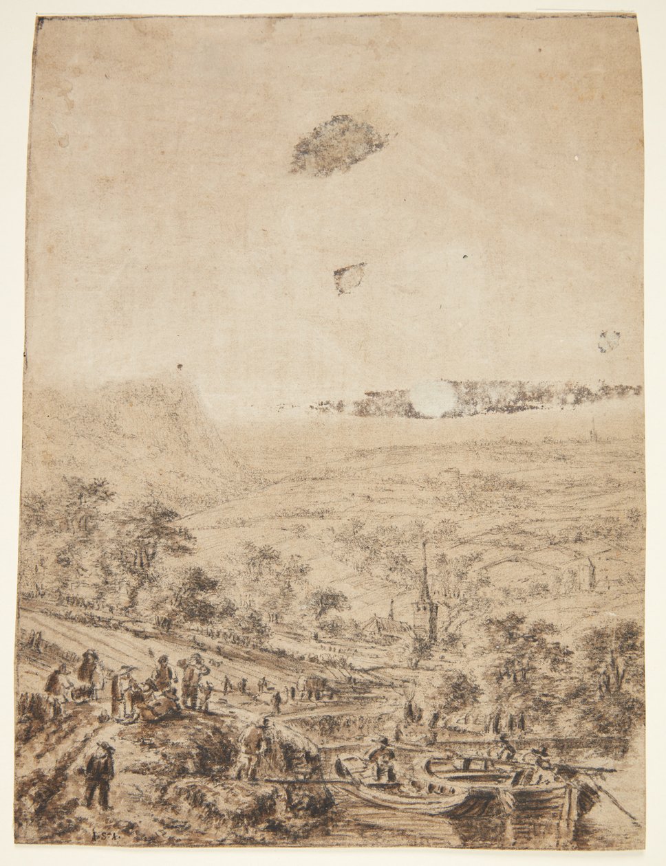 Panoramische Landschaft mit Bauern, Fischern und einer Dorfkirche von Herman Saftleven