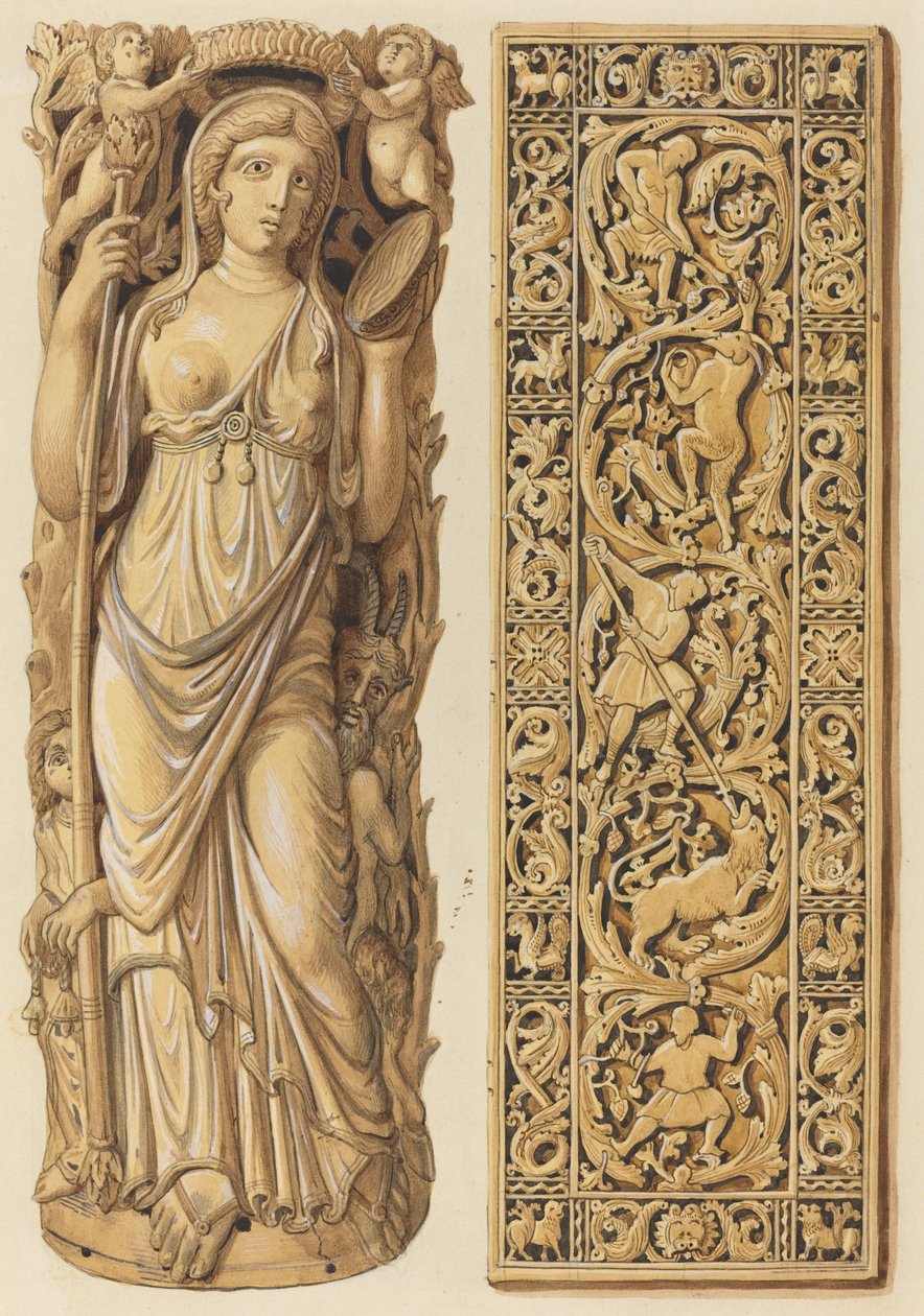 Darstellungen einer Elfenbeinschnitzerei von Ariadne aus dem 6. Jahrhundert und einer Elfenbeinplatte aus dem 9. Jahrhundert von Herman Wilhelm Soltau
