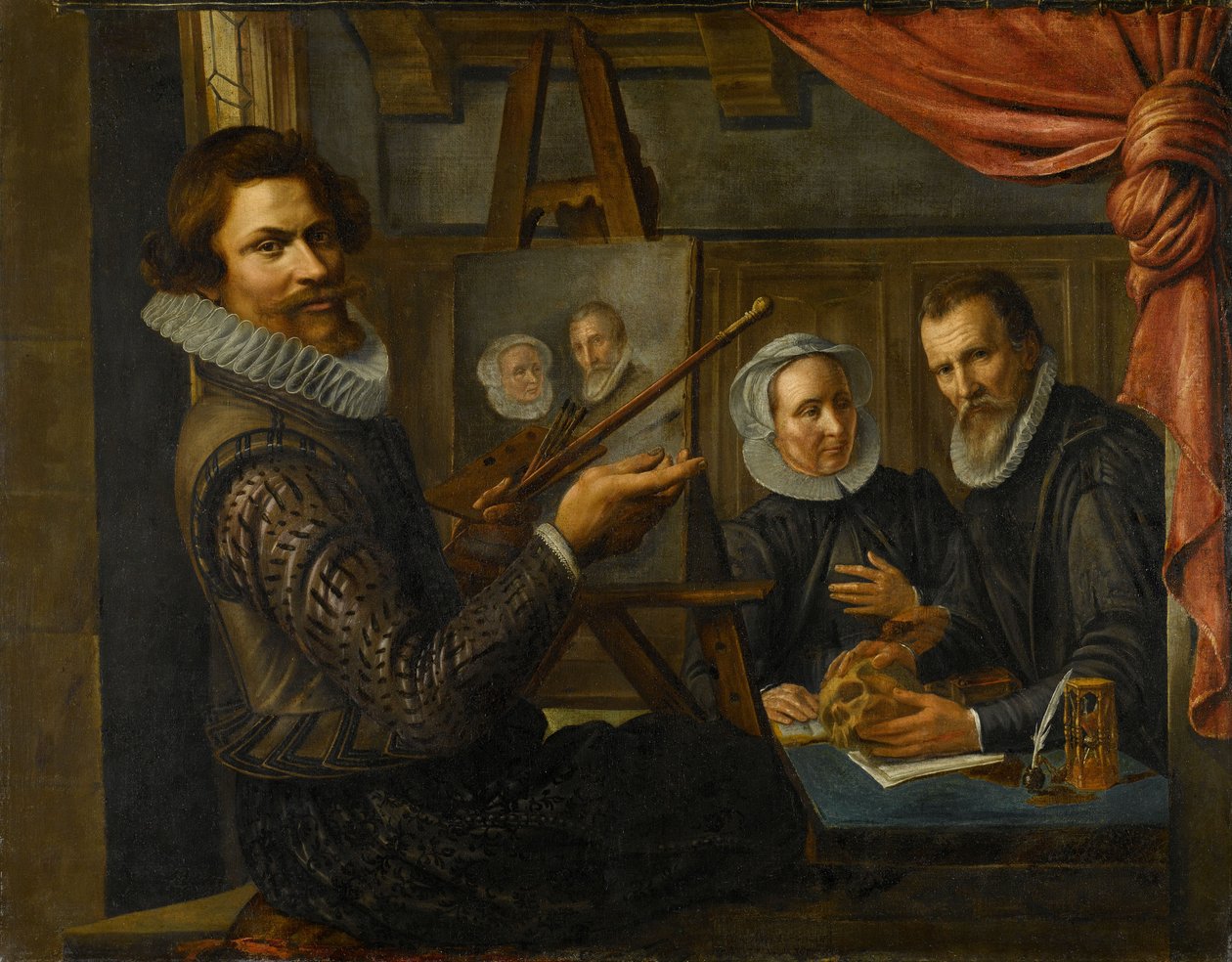 Der Maler in seinem Atelier beim Malen des Porträts eines Ehepaares von Herman van Vollenhoven