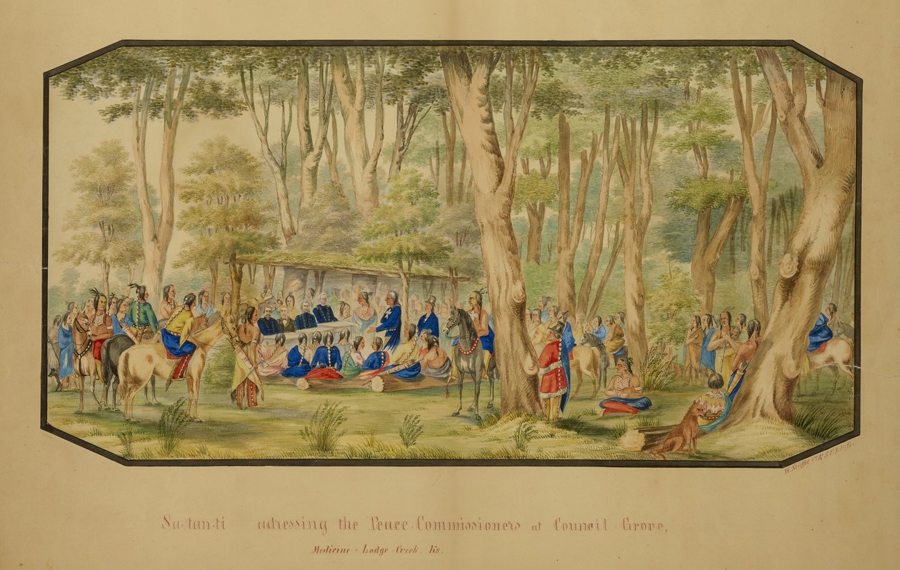 Sa-tan-ti spricht zu den Friedenskommissaren am Council Grove, Medicine Lodge Creek von Hermann Stieffel