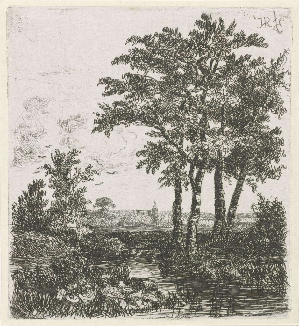 Vier Bäume an einem Graben von Hermanus Jan Hendrik van Rijkelijkhuysen