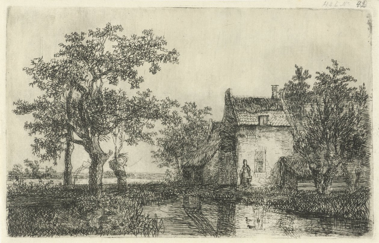 Frau mit einem Korb vor einem Bauernhaus am Wasser von Hermanus Jan Hendrik van Rijkelijkhuysen