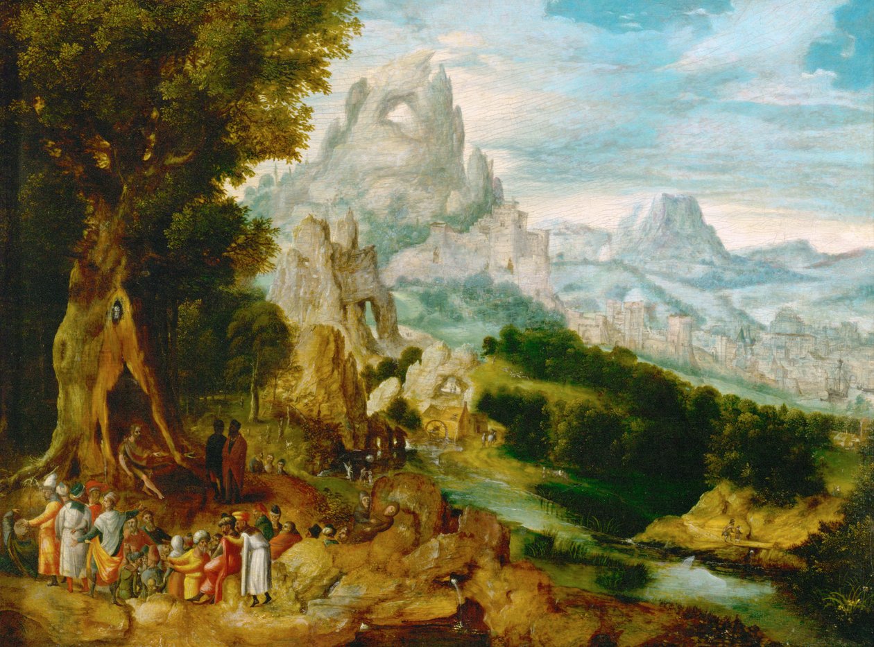 Landschaft mit Johannes dem Täufer predigend von Herri met de (c.1510-p.1550) Bles