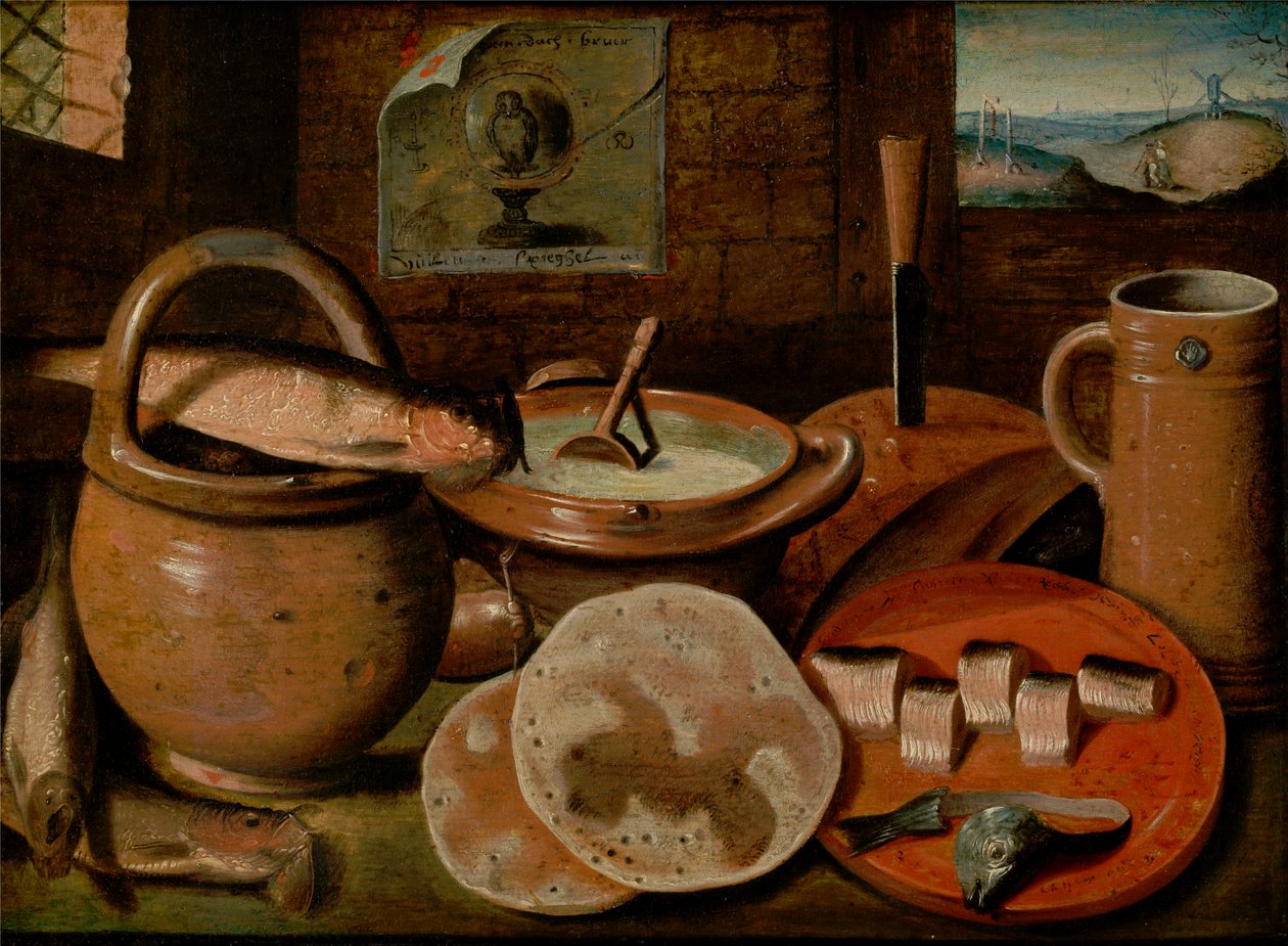 Stilleben mit einem armen Mahl aus Brei, Käse, Hering und Pfannkuchen von Hieronymous Francken II