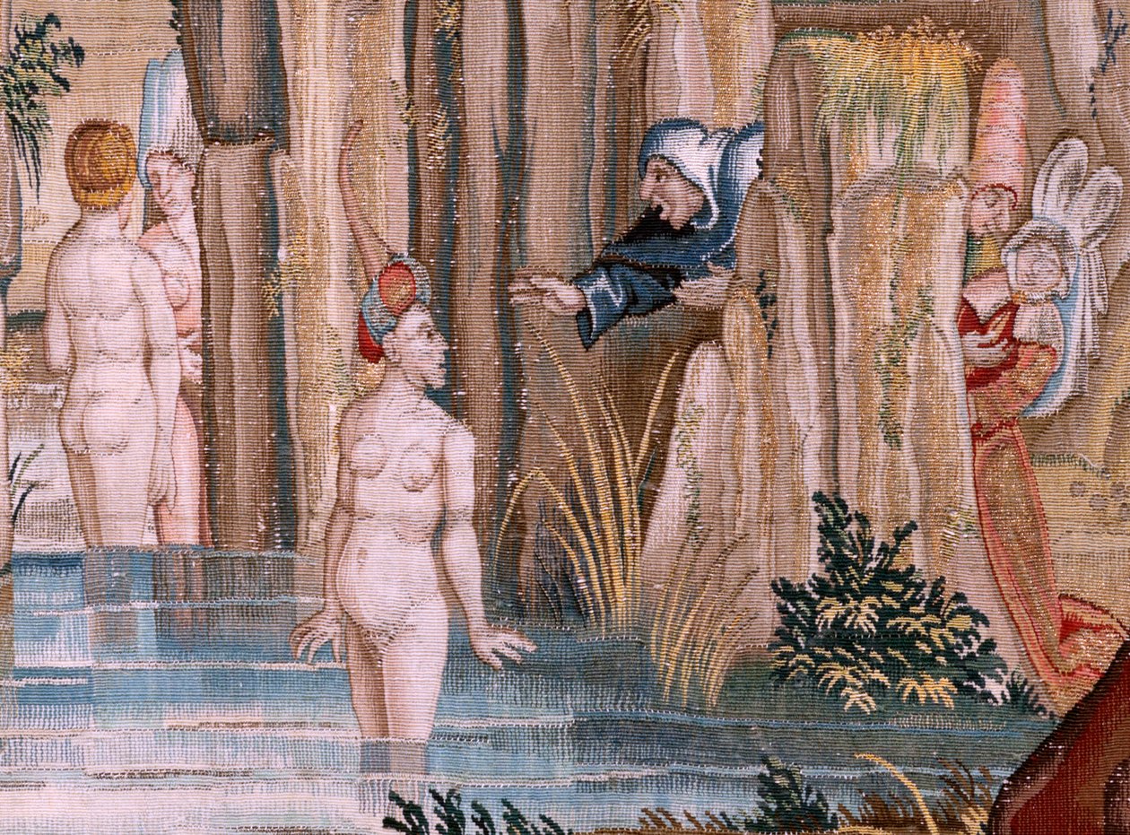 Flämischer Wandteppich. Serie Vier Wandteppiche nach Hieronymus Bosch. Heiliger Antonius im Gebet. Zweiter Wandteppich der Serie. Modell inspiriert von der Arbeit von Hieronymus Bosch. Herstellung unbekannte Werkstatt, Brüssel. Vor 1560. Stoff Gold, Seide  von Hieronymus (after) Bosch