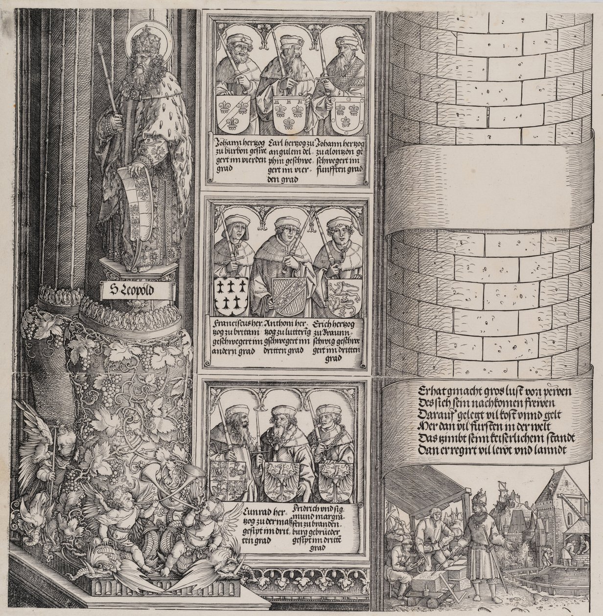 Maximilian als Architekt, mit einer Statue des Heiligen Leopold und Büsten von Maximilians Vorfahren, 1517-1518 von Hieronymus Andreae