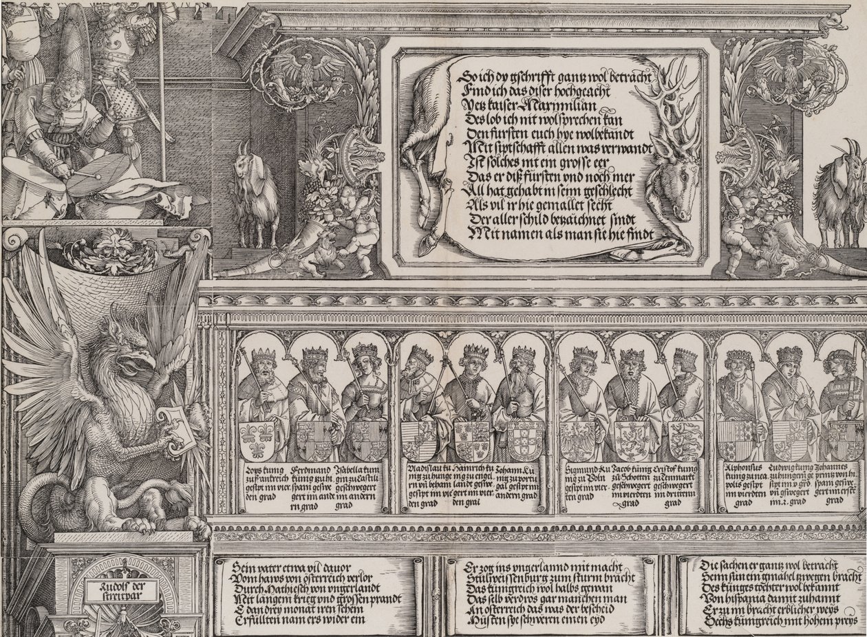 Der obere Abschnitt des rechten Portals, mit der Inschrift auf einer Hirschhaut, ein Fries mit ..., 1515 von Hieronymus Andreae