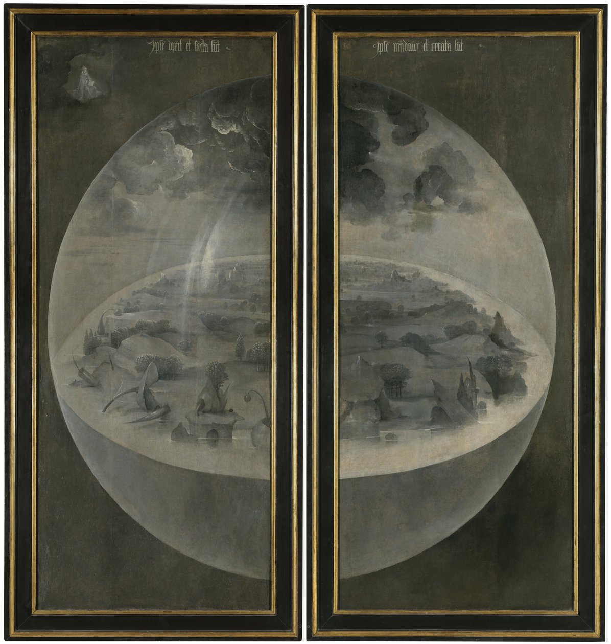 Die Erschaffung der Welt, Darstellung der kosmischen Sphäre der Erde (Bulle). Rückseite der Flügel des Triptychons "Der Garten der Lüste" von Hieronymus Bosch